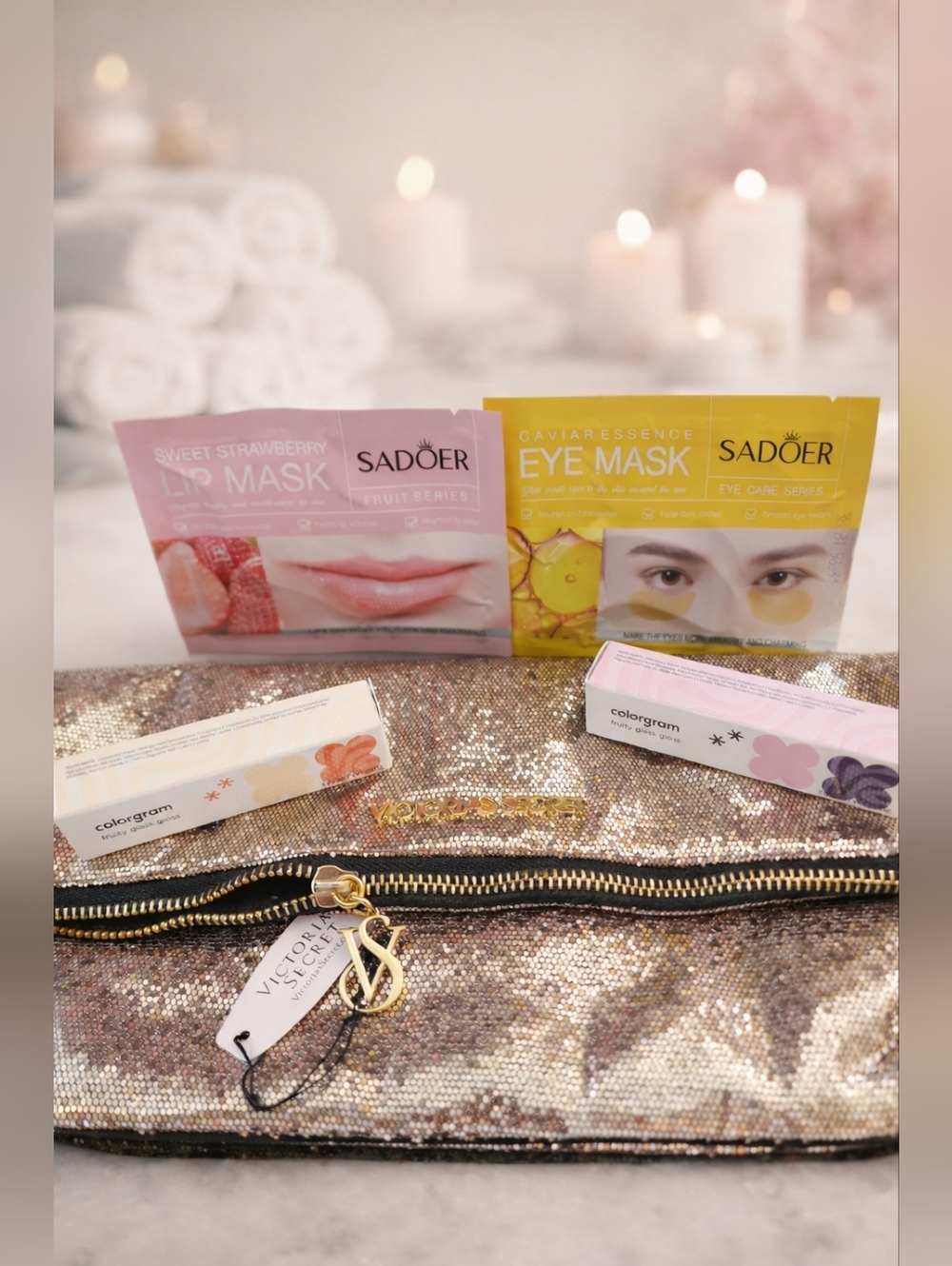 ✨ Victoria’s Secret Makeup Bag Bundle – Glossy Gold + Beauty Extras ✨